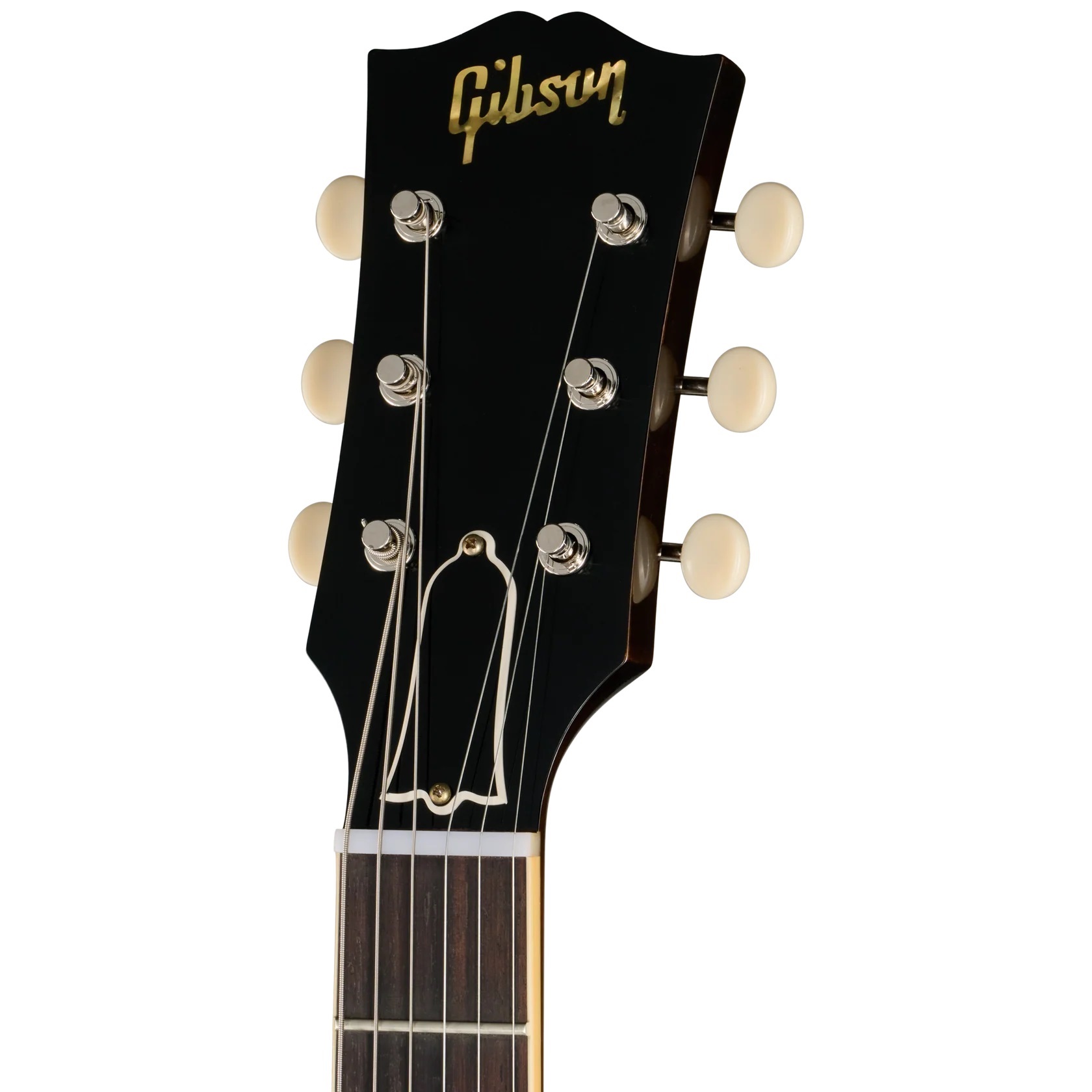 Gitarrenkopf, schwarzes Finish, sechs Saiten, Perlmutt-Stimmwirbel, goldenes Logo